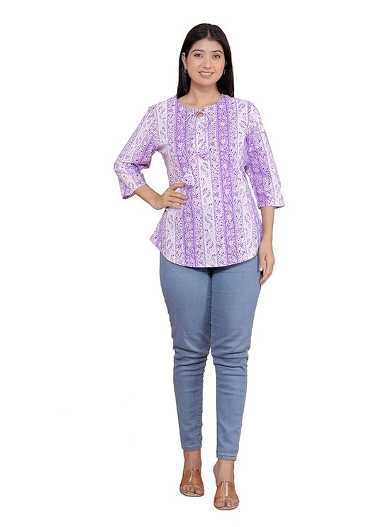 Leaf Printed Straight Round Neck with Tassels 3/4th Sleeves Kurti Perfect for Casual, Formal, and Ethnic Wear (Purple)