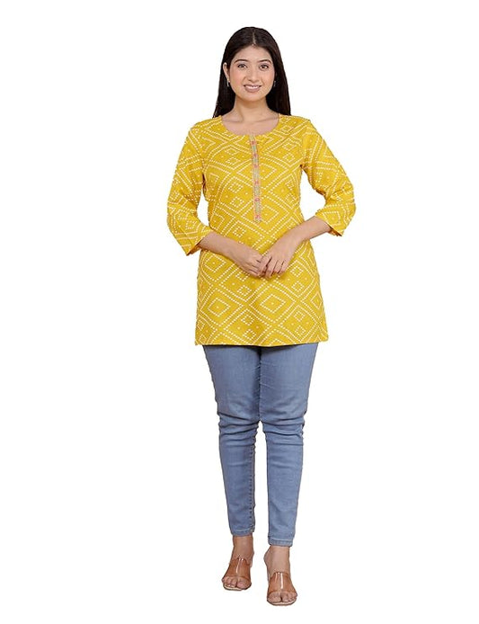 Bandhej Printed Straight 3/4th Sleeves Kurti Perfect for Casual, Formal, and Ethnic Wear (Yellow)