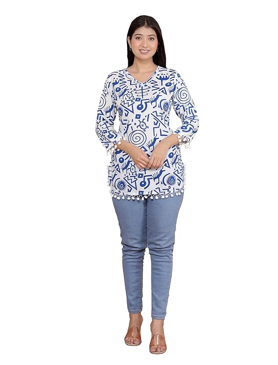 Geometric Printed Straight 3/4th Sleeves Kurti Perfect for Casual, Formal, and Ethnic Wear (White Blue)