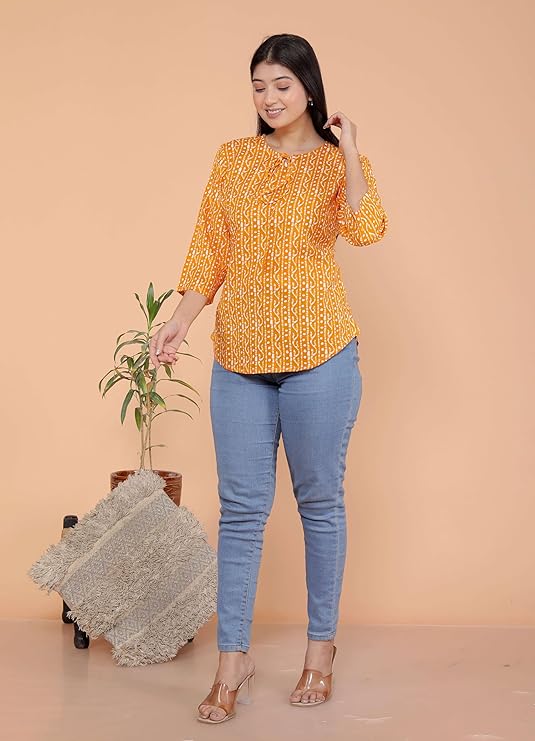 Printed Straight Round Neck with Tassels 3/4th Sleeves Kurti Perfect for Casual, Formal, and Ethnic Wear (Yellow)