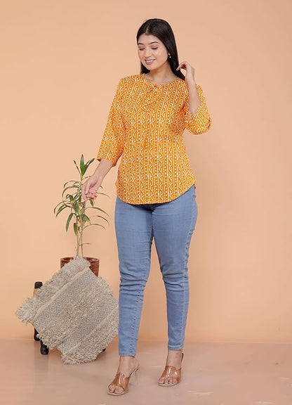Printed Straight Round Neck with Tassels 3/4th Sleeves Kurti Perfect for Casual, Formal, and Ethnic Wear (Yellow)