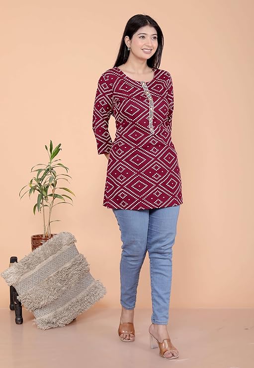 Bandhej Printed Straight 3/4th Sleeves Kurti Perfect for Casual, Formal, and Ethnic Wear (Maroon)