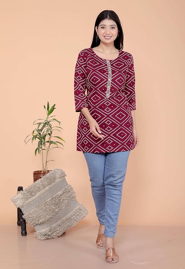 Bandhej Printed Straight 3/4th Sleeves Kurti Perfect for Casual, Formal, and Ethnic Wear (Maroon)