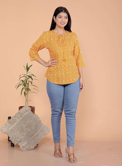 Printed Straight Round Neck with Tassels 3/4th Sleeves Kurti Perfect for Casual, Formal, and Ethnic Wear (Yellow)