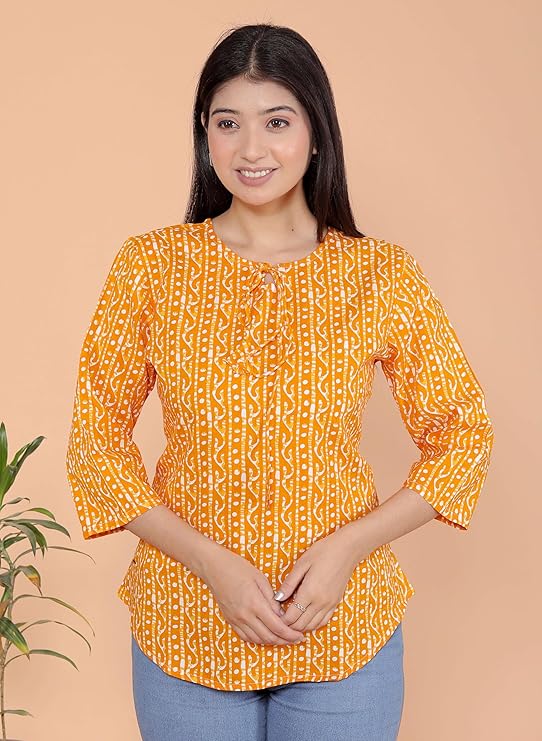 Printed Straight Round Neck with Tassels 3/4th Sleeves Kurti Perfect for Casual, Formal, and Ethnic Wear (Yellow)