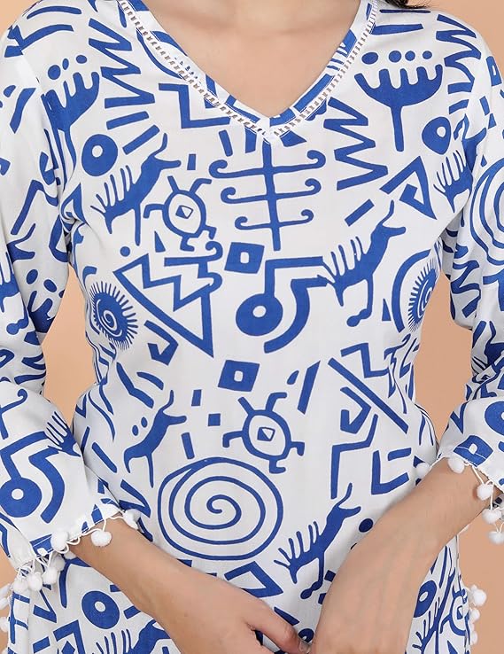 Geometric Printed Straight 3/4th Sleeves Kurti Perfect for Casual, Formal, and Ethnic Wear (White Blue)