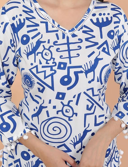 Geometric Printed Straight 3/4th Sleeves Kurti Perfect for Casual, Formal, and Ethnic Wear (White Blue)