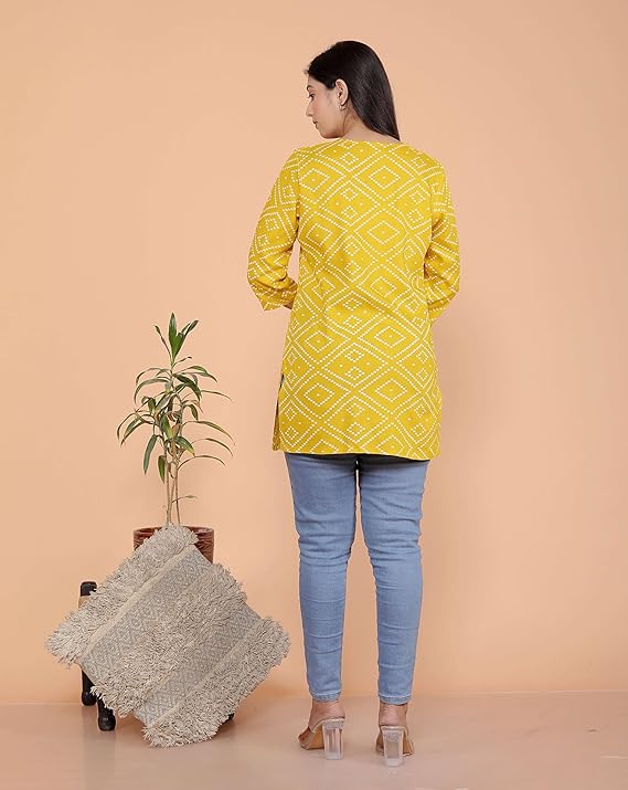 Bandhej Printed Straight 3/4th Sleeves Kurti Perfect for Casual, Formal, and Ethnic Wear (Yellow)