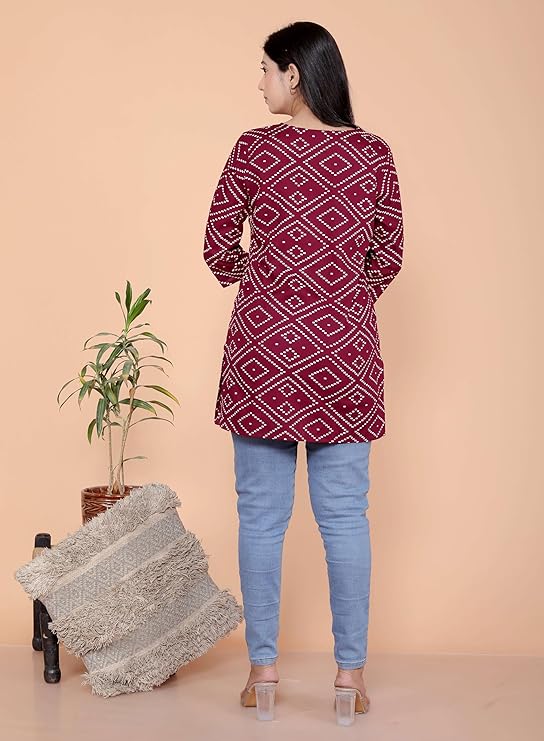 Bandhej Printed Straight 3/4th Sleeves Kurti Perfect for Casual, Formal, and Ethnic Wear (Maroon)