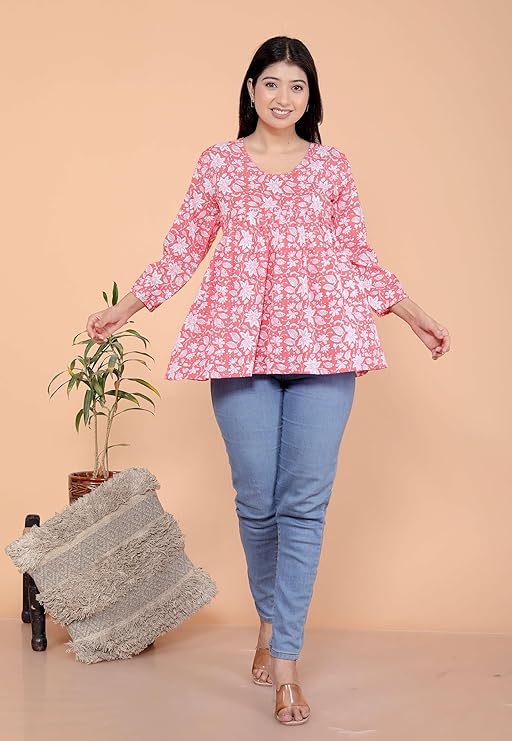 Printed Short Anarkali 3/4th Sleeves Kurti Perfect for Casual, Formal, and Ethnic Wear (Gajri)