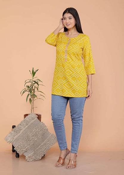 Bandhej Printed Straight 3/4th Sleeves Kurti Perfect for Casual, Formal, and Ethnic Wear (Yellow)