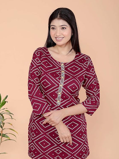 Bandhej Printed Straight 3/4th Sleeves Kurti Perfect for Casual, Formal, and Ethnic Wear (Maroon)