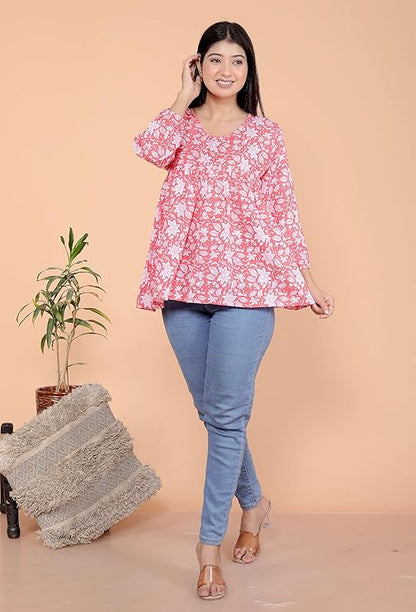 Printed Short Anarkali 3/4th Sleeves Kurti Perfect for Casual, Formal, and Ethnic Wear (Gajri)