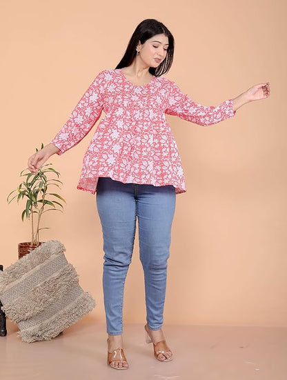 Printed Short Anarkali 3/4th Sleeves Kurti Perfect for Casual, Formal, and Ethnic Wear (Gajri)