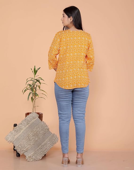Printed Straight Round Neck with Tassels 3/4th Sleeves Kurti Perfect for Casual, Formal, and Ethnic Wear (Yellow)