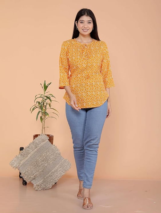 Printed Straight Round Neck with Tassels 3/4th Sleeves Kurti Perfect for Casual, Formal, and Ethnic Wear (Yellow)