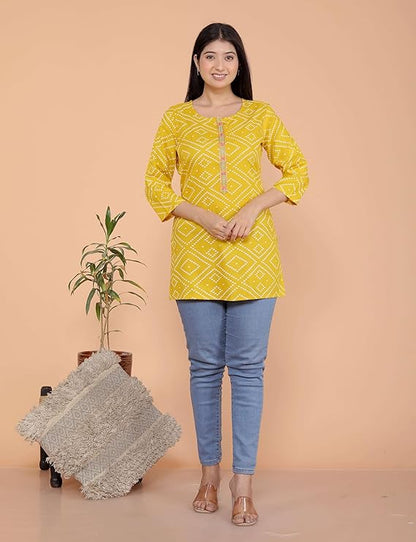 Bandhej Printed Straight 3/4th Sleeves Kurti Perfect for Casual, Formal, and Ethnic Wear (Yellow)