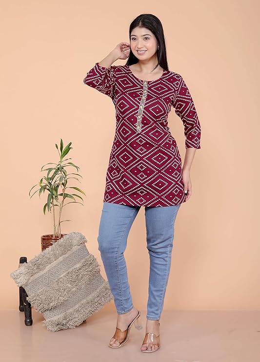 Bandhej Printed Straight 3/4th Sleeves Kurti Perfect for Casual, Formal, and Ethnic Wear (Maroon)