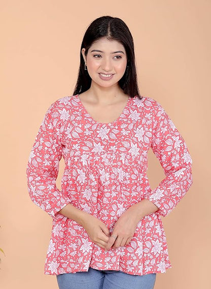 Printed Short Anarkali 3/4th Sleeves Kurti Perfect for Casual, Formal, and Ethnic Wear (Gajri)