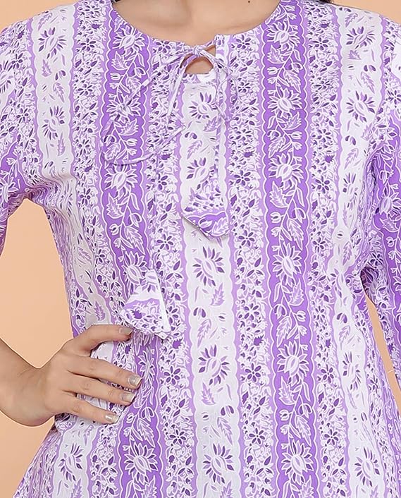 Leaf Printed Straight Round Neck with Tassels 3/4th Sleeves Kurti Perfect for Casual, Formal, and Ethnic Wear (Purple)