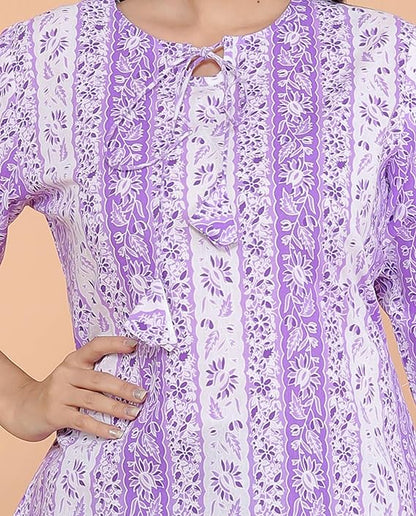 Leaf Printed Straight Round Neck with Tassels 3/4th Sleeves Kurti Perfect for Casual, Formal, and Ethnic Wear (Purple)