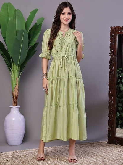 Boho-Chic Forest Green Tiered Maxi Dress with Puff Sleeves Dresses