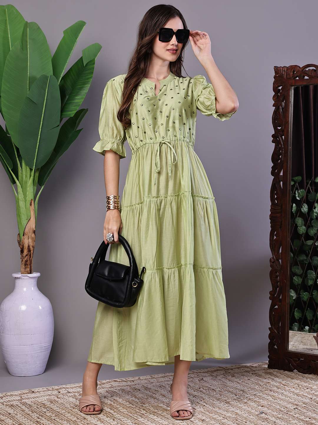 Boho-Chic Forest Green Tiered Maxi Dress with Puff Sleeves Dresses
