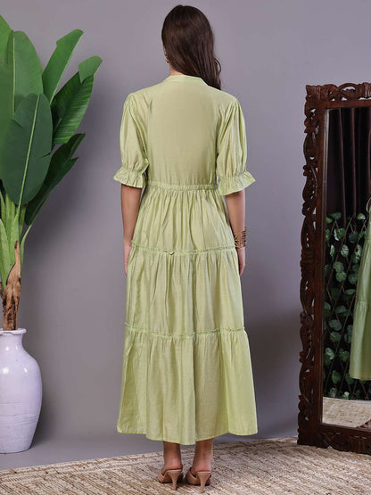 Boho-Chic Forest Green Tiered Maxi Dress with Puff Sleeves Dresses